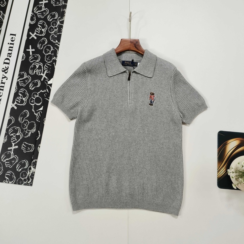 Polo by Ralph Lauren Light Gray Ribbed Short-Sleeve Zip Polo with Bear Patch